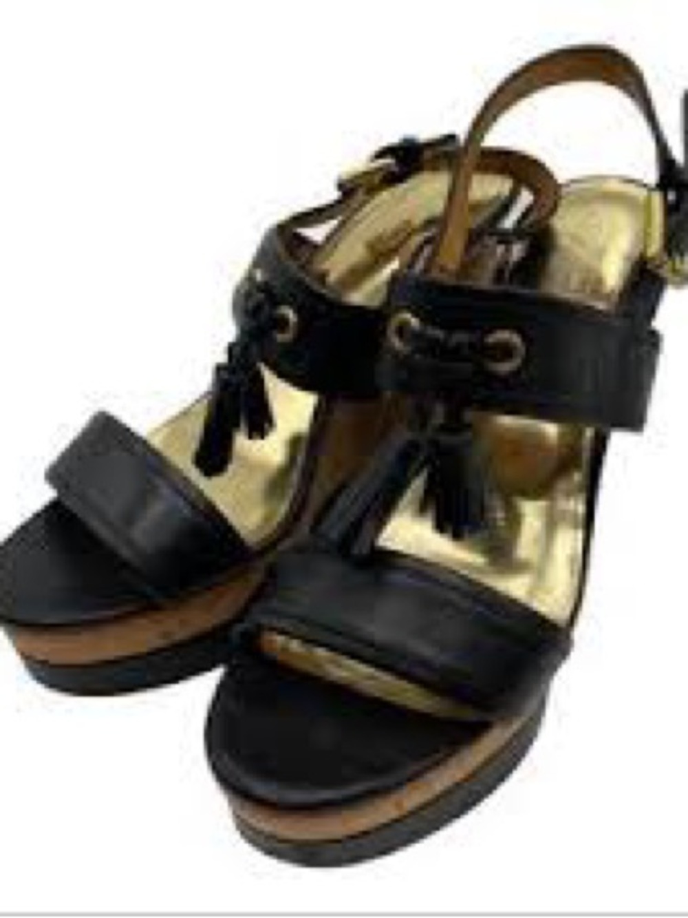Coach Black Leather Tassel Ankle-Strap Wedges